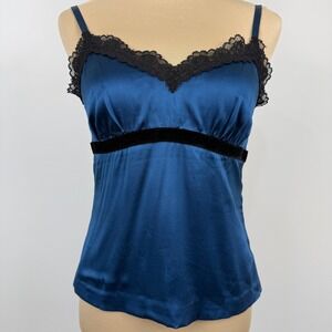 Vintage Y2K Yansi Fugel Babydoll Cami Top 6 Blue Silk Lace Coquette Going Out